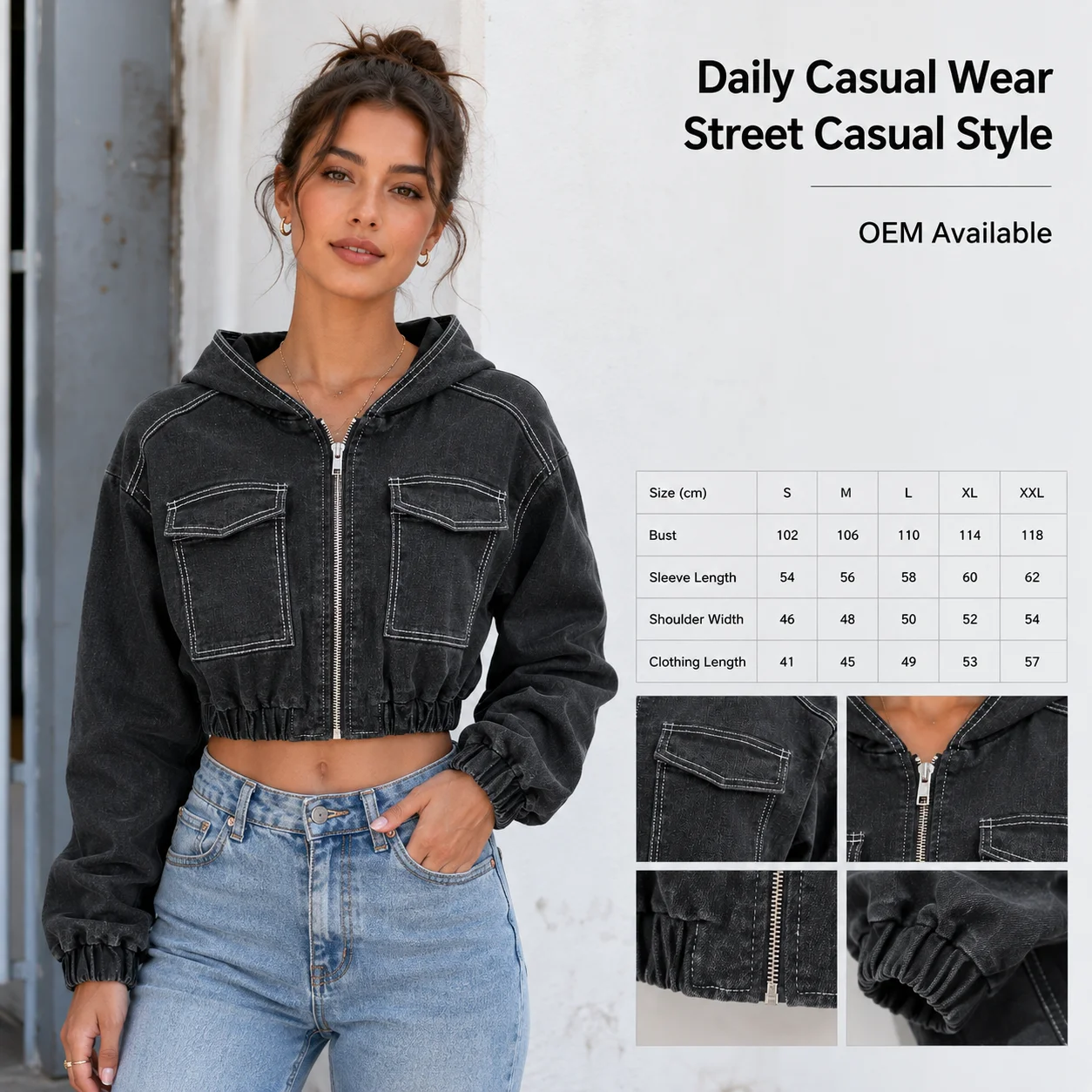 Custom Women Cropped Full Zipper Hoodie Oversized Heavyweight Cotton Streetwear Jacket OEM ODM