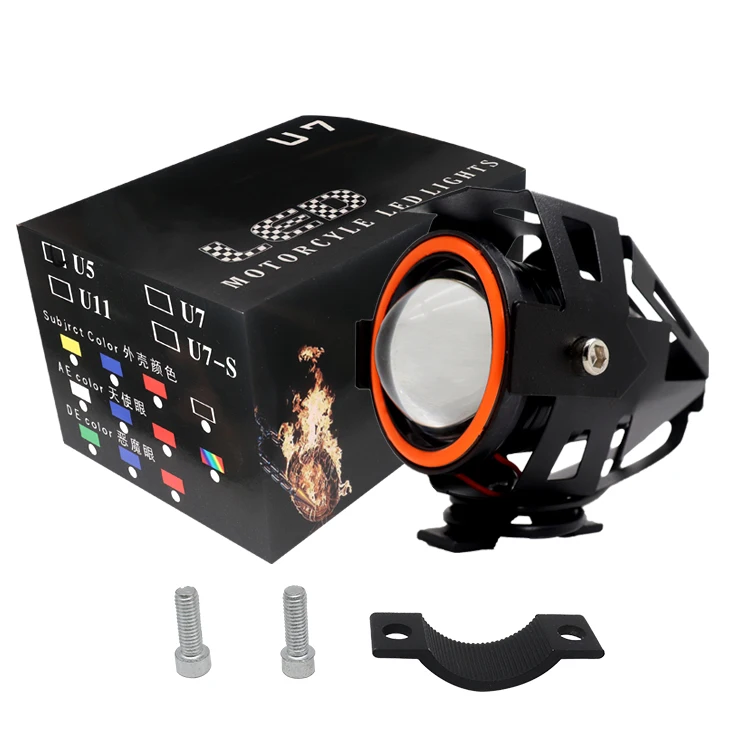 Biqing 1 Paire Phares Avant Moto Avec Coloré Angel Eye,Universel U7 Moto Feux Additionnels 12V 24V LED Phares Avant Motos Anti Brouillard Projecteur Spot LED Avec Interrupteur à 3 Fils