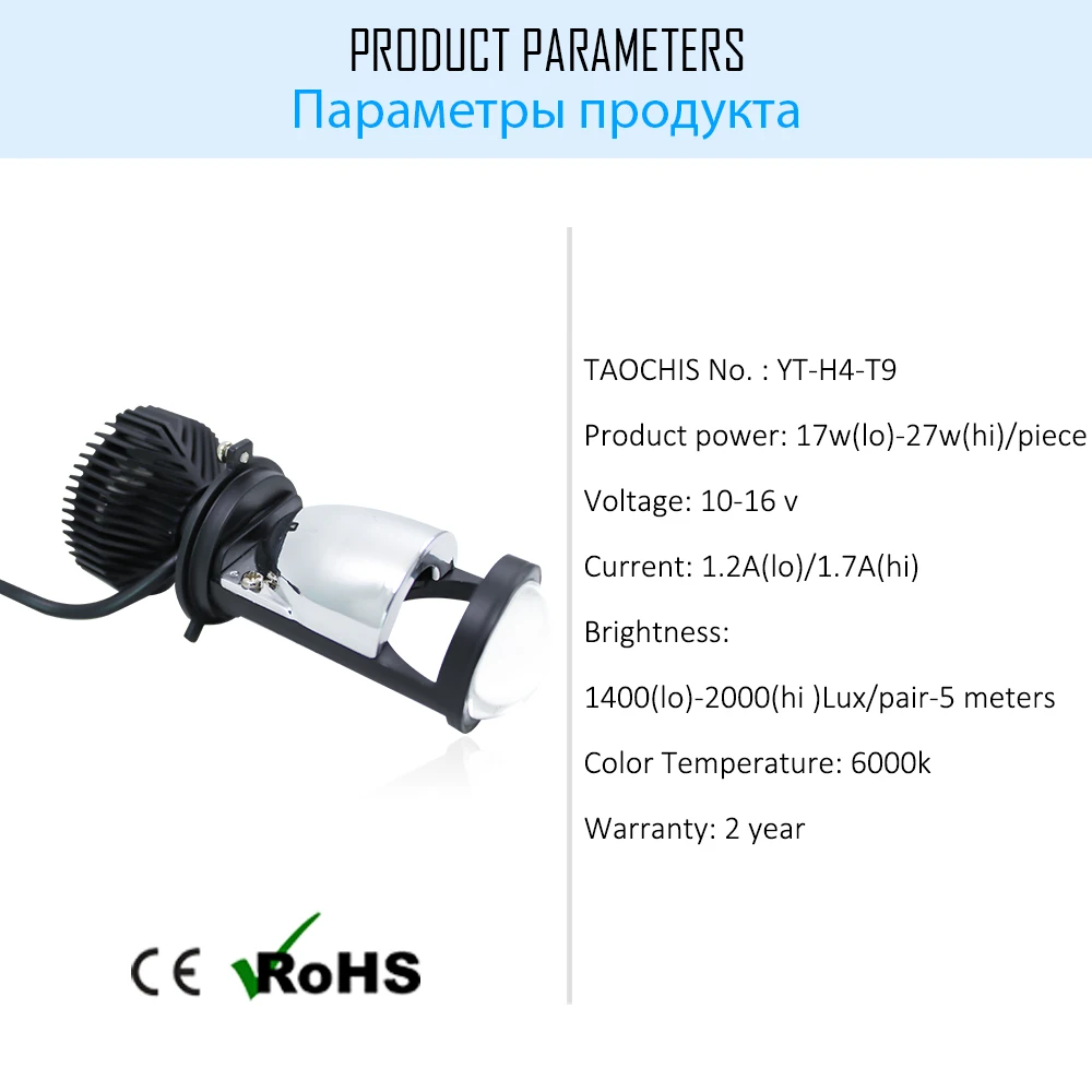 TAOCHIS MINI H4 BI LED Projector Light Bulbs T9 High Power  Compatible With Headlights Retrofit Custom Headlamps Conversion