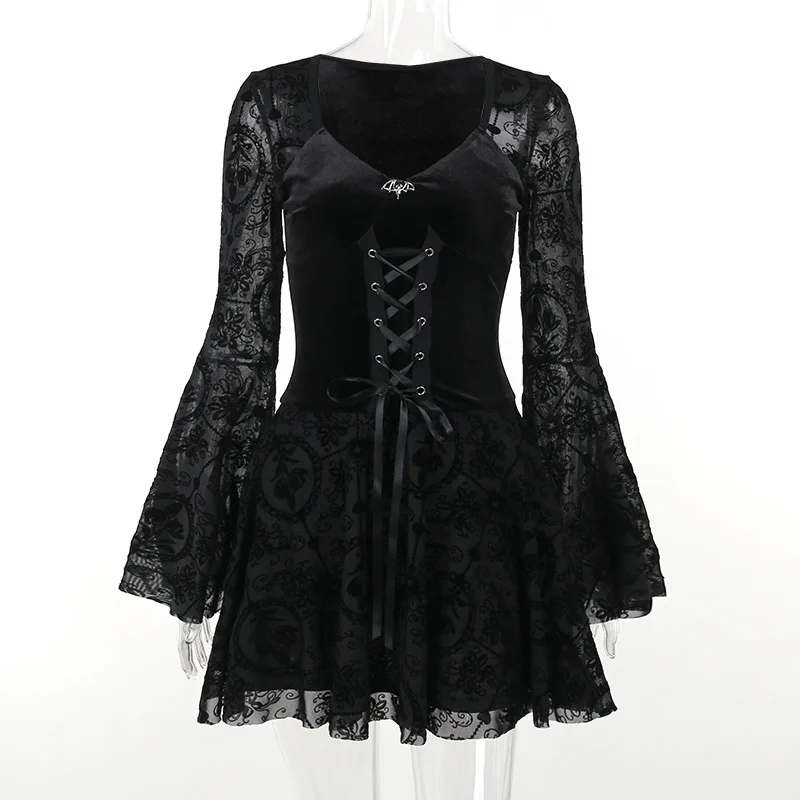 Gothic Style Dark Bell Sleeve Mesh Flocking Long Sleeve Dress Women's  A-Line Skirt Halloween Costume
