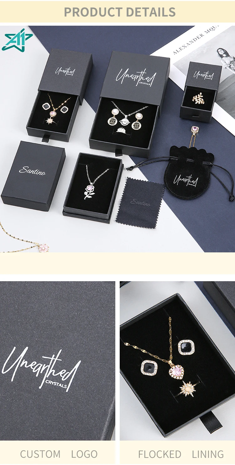 A1 Black Rectangle Customizable Recyclable Cardboard Embossed Popular Jewelry Storage Box Sliding Drawer Rings Pendants Earrings supplier