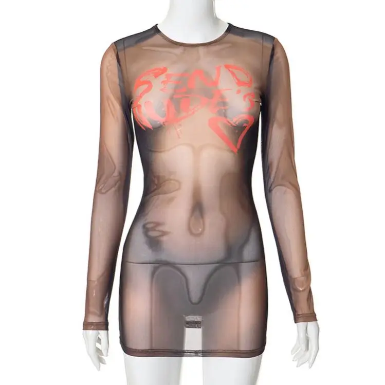 Fashion 2025 Spring Long Sleeve Character Print Round Neck Dress Tight Sexy Mini Suit Women Hip Dress