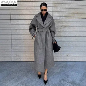 Women's Extra-Long Breathable Woolen Polyester Coat Autumn/Winter New Style Belt Closure Casual European American Style Loose