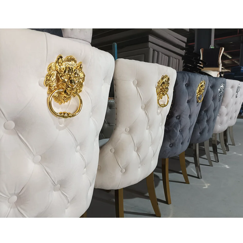 European Luxury Button Tufted Velvet Fabric Lion Knocker Modern Design Stainless Steel Legs