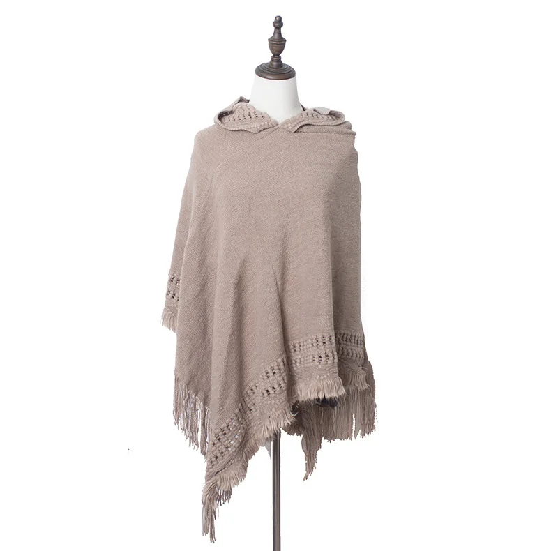 oversized fashion knit tassels cloak capes phocho sweater  scarf Knitted hooded cape shawl
