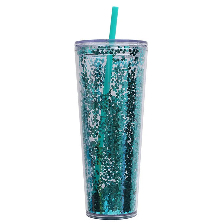 Dla bestsellera 26 uncji 750 ml kubek z podwójną ścianką i słomką brokatowy ekologiczny plastikowy bezramkowy zestaw dwuczęściowy kubek ze słomką_voghion.com