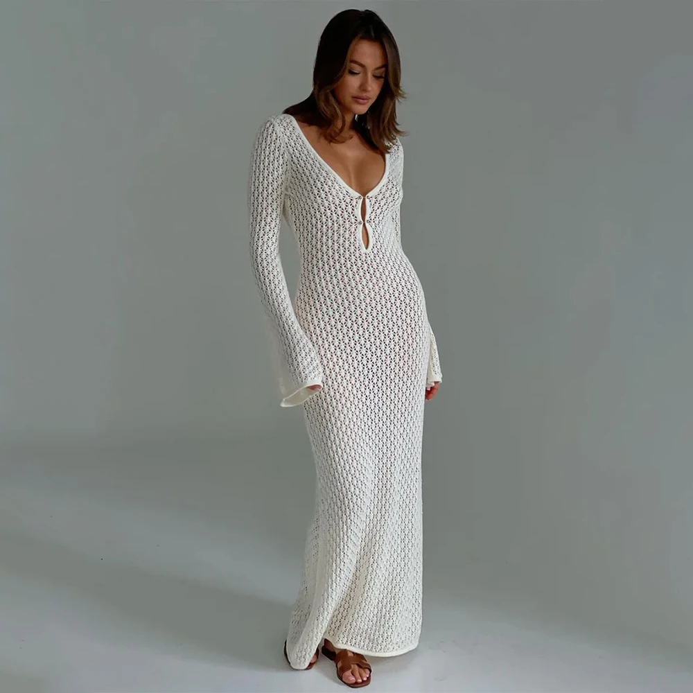 women knit sexy beach dress v neck long sleeve Fashion Cover Up Female See-through Deep V-neck White Hollow-out Knitwear Backless highlighted_video