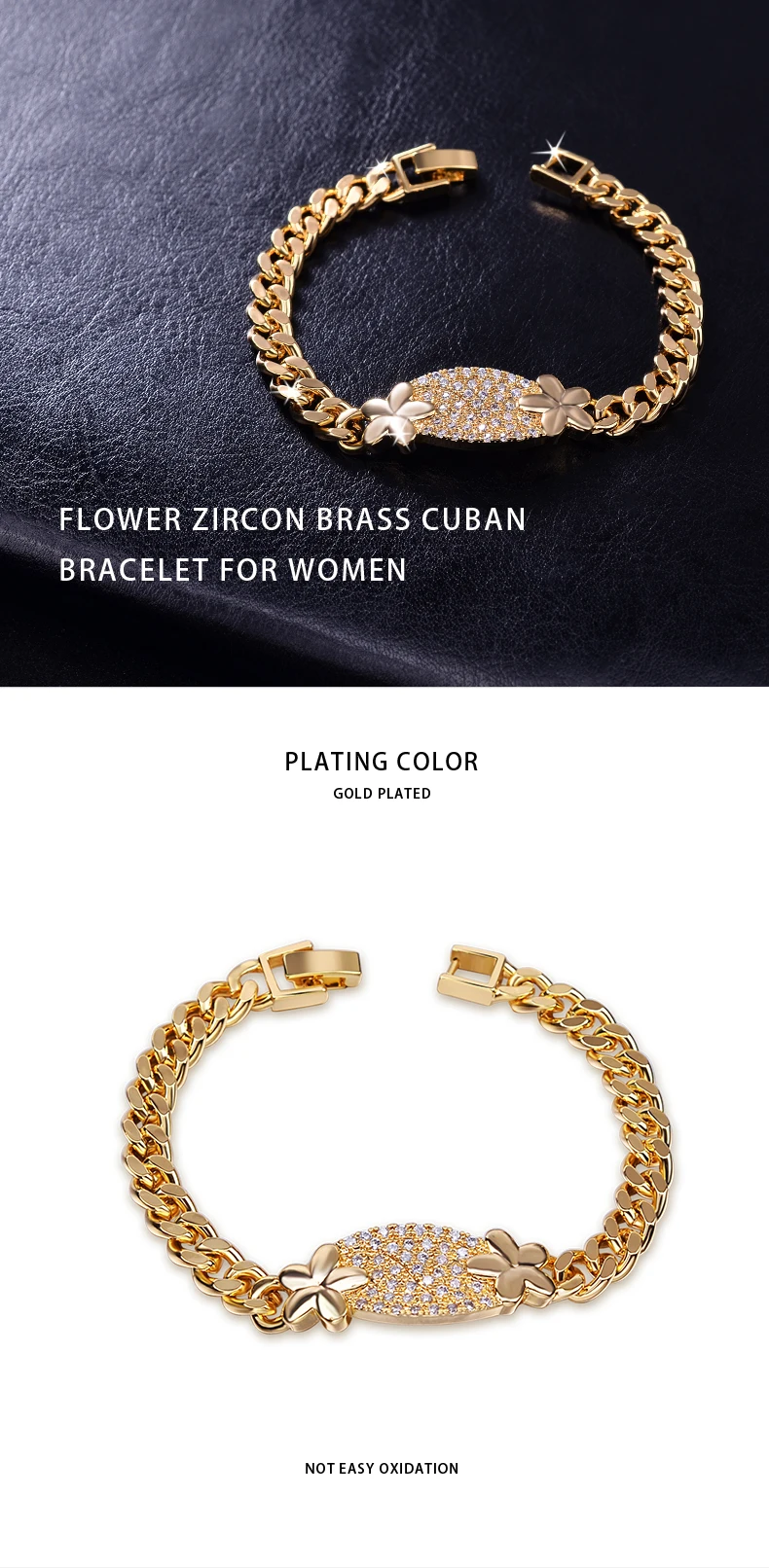 2021 New Fashion Women Gold Plated Link Chain Cubic Zircon Flower Shaped Charm Bracelet Wholesale