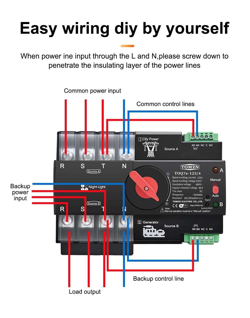TOMZN Din Rail eWelink WIFI smart ATS timer 230V Dual Power Automatic Transfer Selector Switch Uninterrupted 4P 125A Generator