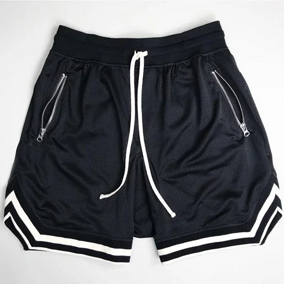 Pantaloncini in poliestere da allenamento per presa da uomo personalizzati Pantaloncini in rete atletica da uomo con coulisse da palestra ad asciugatura rapida con tasca con cerniera solida377_voghion.com