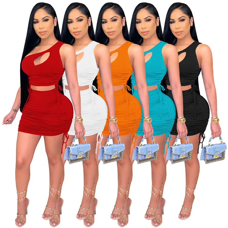 Sexy Ladies Street Outfits One Shoulder Tops Stacked Skirt Summer Women Two Piece Set