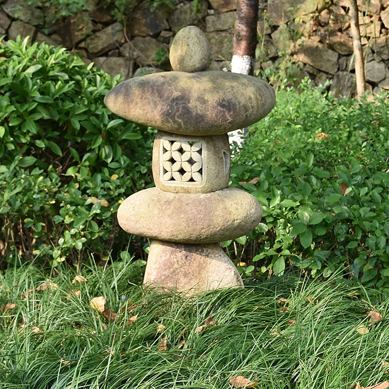 River Stone Lantern Bird Bath Japanese Lantern Garden Decor Patio Cobble Block Rusty Stone Carved Pagoda  Sculpture Outdoor