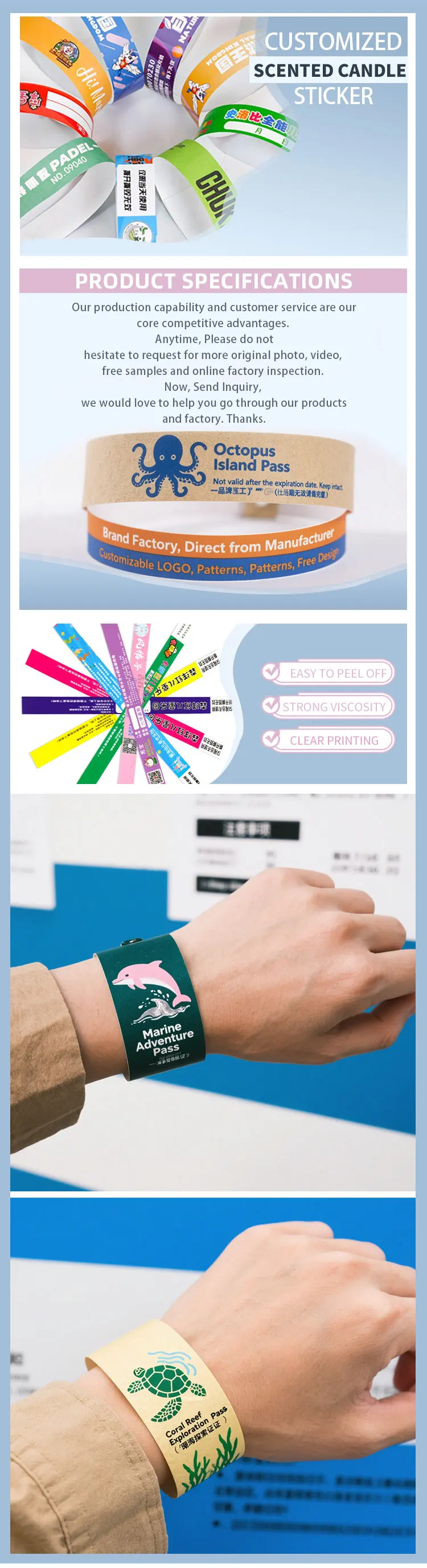 Custom Vinyl Nautical Style Bracelet Stickers Disposable Waterproof Wristbands Access Tickets Wrist Straps Board Games Clubs factory