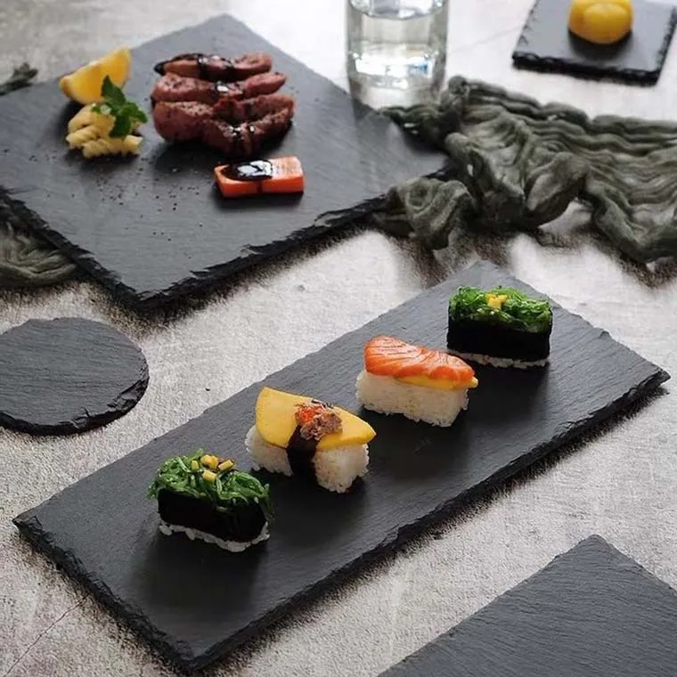 Rectangle Square Natural Rock Stone Serving Sushi Steak Restaurant Dinner Dishes Plate Black Tray Slate Cheese Platter Board