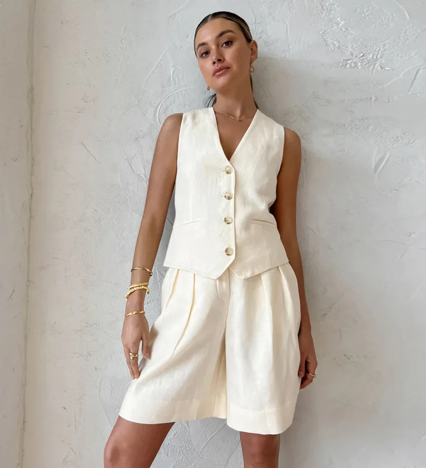 Enyami Summer Fashion Home Wear Cotton Linen Co Ords Pajamas Ladies Button Tank Top Vest Shorts Casual Matching Sets