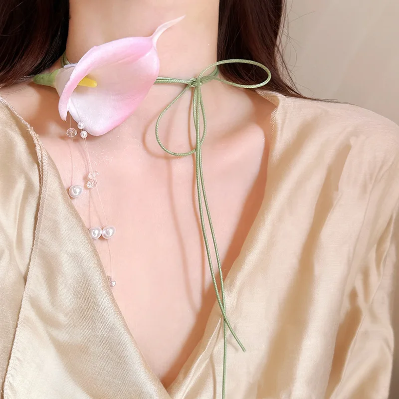 Elegant Unique Design Pink Calla Lily Pearl Tassel Flower 