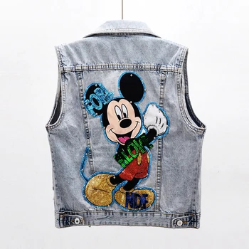 Casual Vest Female Spring and Summer Sequined Women's Denim Vest Short Sleeveless Loose Waistcoat for Ladies