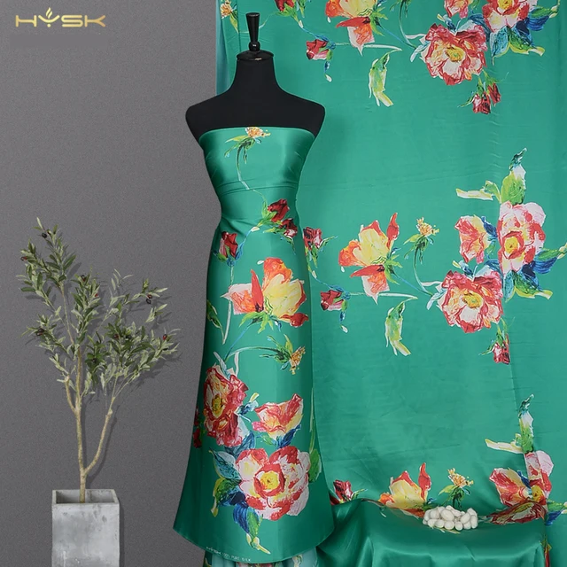 HYSK 19momme High Quality top Silk Satin Fabrics Printed Garment Materials Women Dress Sewing Cloth african tissu soie dubai