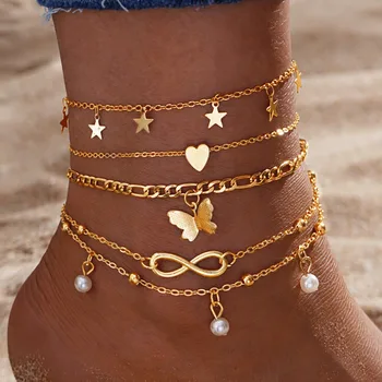 Set of 5 Boho Beach Anklets & Foot Chains Gold Plated Butterfly Multi-Layer Pendant Adjustable Jewelry for Women and Girls