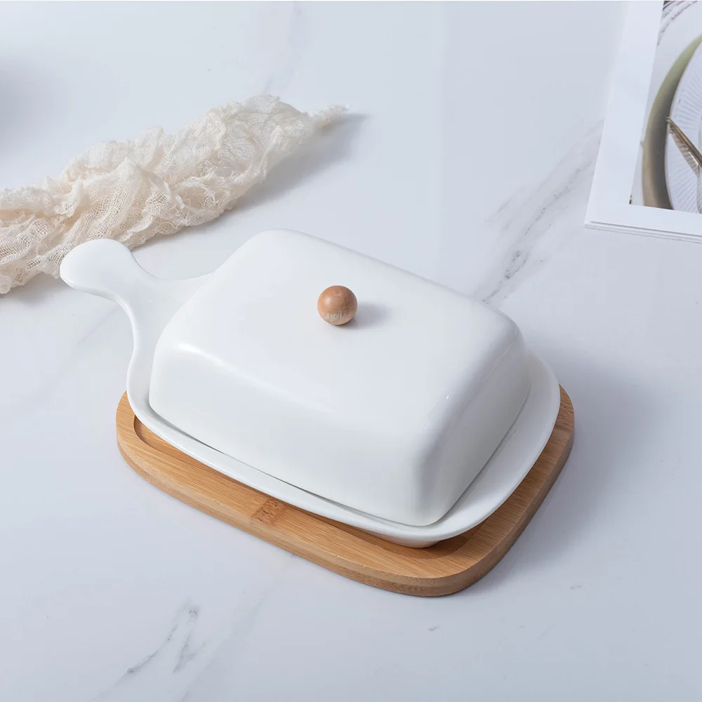 Ceramic Butter Dish with Handle Cover Design White 