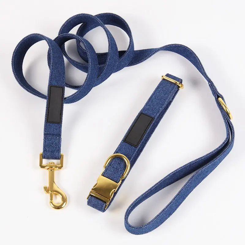 Jeans Dog Collar Leash Set New Designer Nonslip Adjustable Luxury Denim Dog Leash And Collar