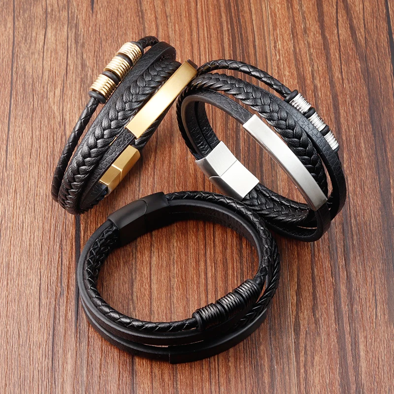 Men's Genuine Leather Bracelets Stainless Magnetic Clasp Bracelet Womens Jewelry