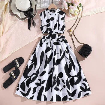 Children's clothing summer European and American New girls' skirt 6-12 years Western style printed midriff outfit princess dress