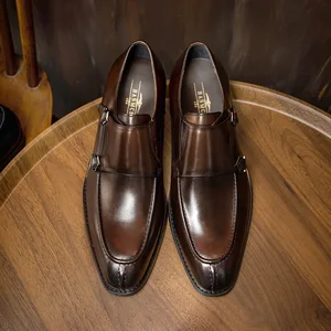 Business Formal Monk Strap Leather Shoes Square Toe Men's Office Career Luxury Patchwork Design