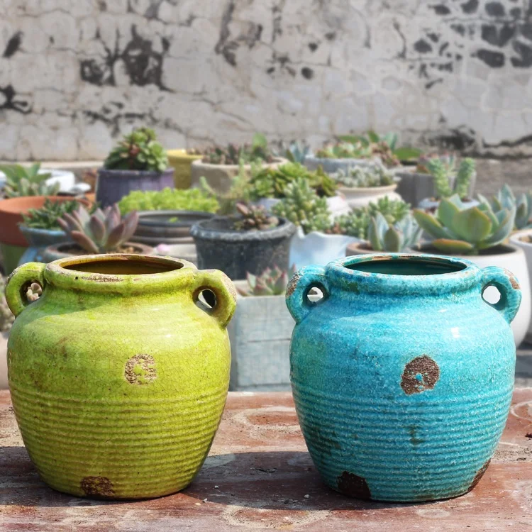 earthen jar double ear ceramic flower pot flower pot garden