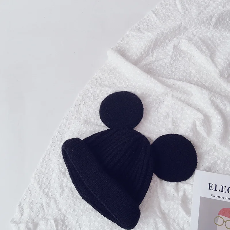 Cute Mouse Big Ear Wool Flanging Hat Baby Soft Warm Hats Cap Custom Private  Label Beanie Wholesale Children Winter Knitted Hat
