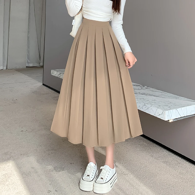 2023 Spring and Summer New Style with Shirt Coffee Color Pleated Half S Women's High Waist a Word in the Long Half214_voghion.com