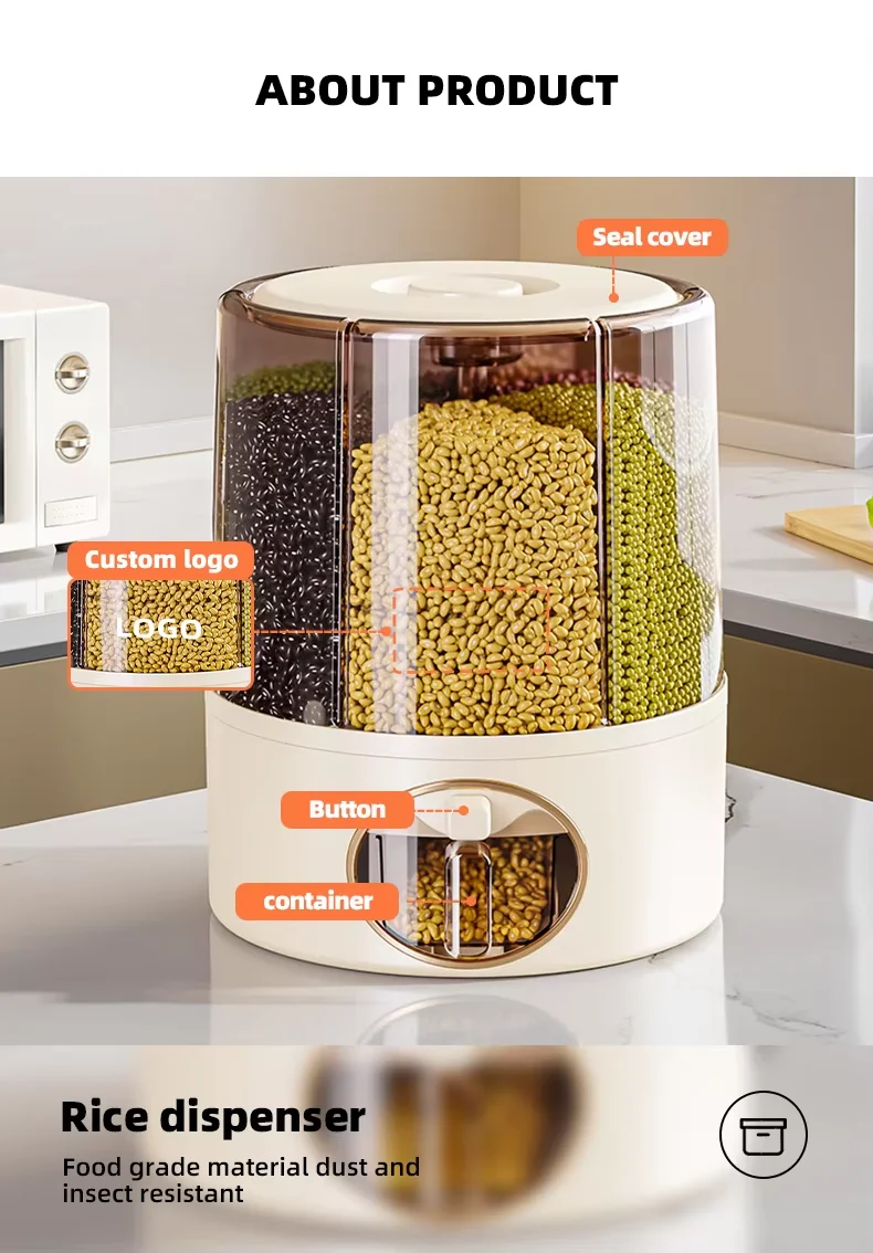 Factory Custom 6 Compartment Transparent Rice Dispenser Small Multigrain PP Storage Box Rotating Kitchen Case for Bag Use