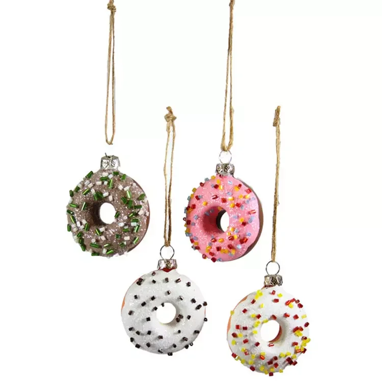 Customized food donut glass christmas tree hanging ornament decoration set glass dessert doughnut ornament for christmas tree