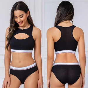 OEM factory wholesale  cotton sports bra set hollow beautification back detachable chest pad shock-absorbing women's underwear