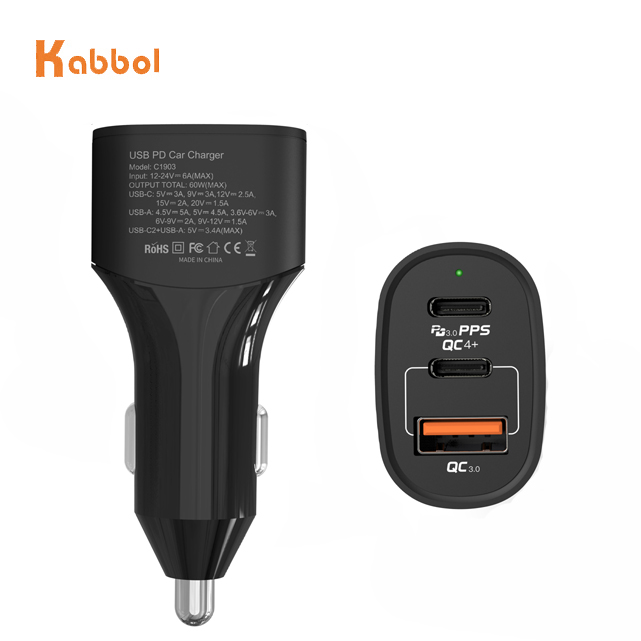 Автомобильное зарядное устройство PD с 3 портами, 60 Вт, два порта PD 30 Вт и адаптер QC 3,0 18 Вт, быстрая зарядка для ноутбука/телефона 11 Pro Max/XS