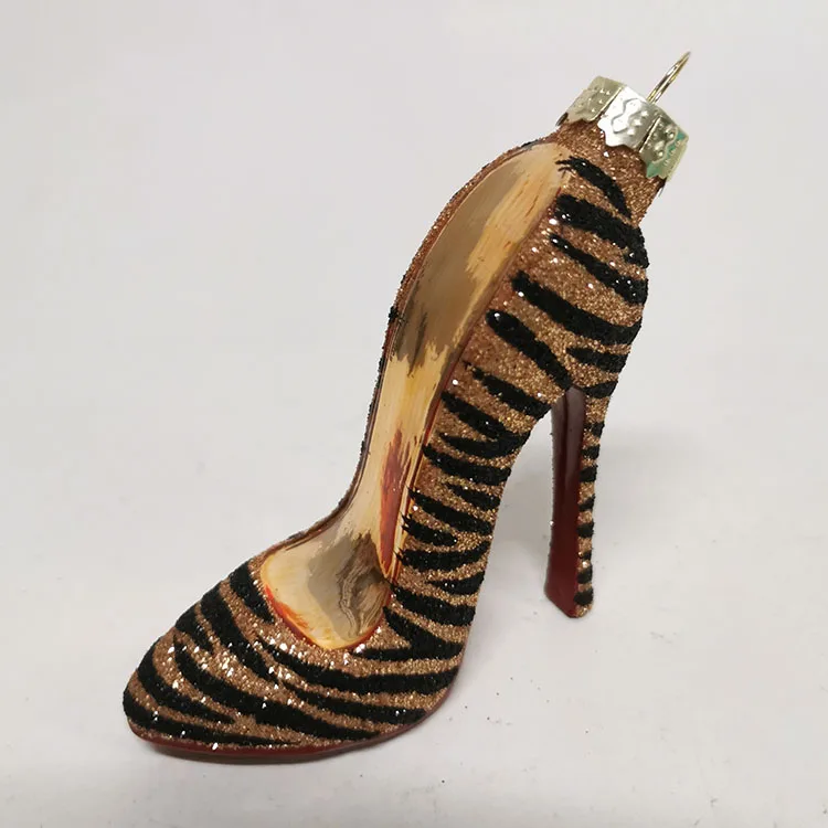 Bulk christmas ornament high heel hand painted gold glitter glass high heel shoe christmas xmas tree hanging ornaments for sale