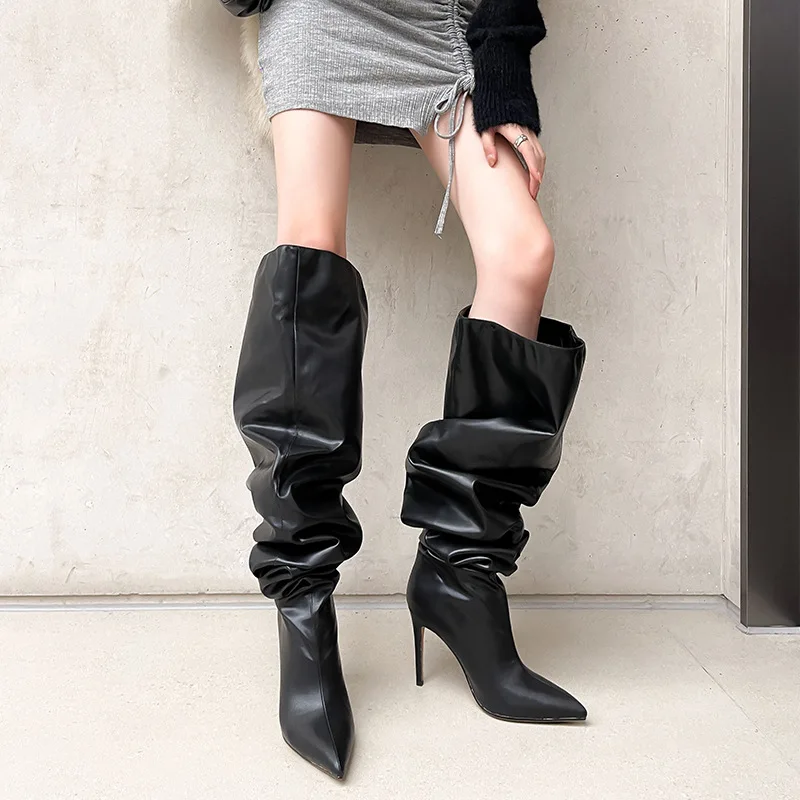High Quality Women Wide Fit Pointed Toe Ladies Fashion Fold Over Leather Thigh High Boot - Image 3