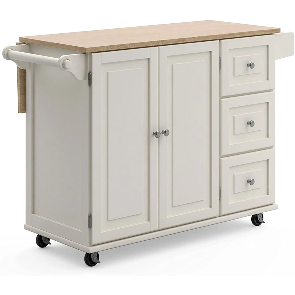 Carrito de Cocina Móvil Blanco con Ruedas, Isla de Cocina con Hoja de Madera Desplegable, Bar de Desayuno