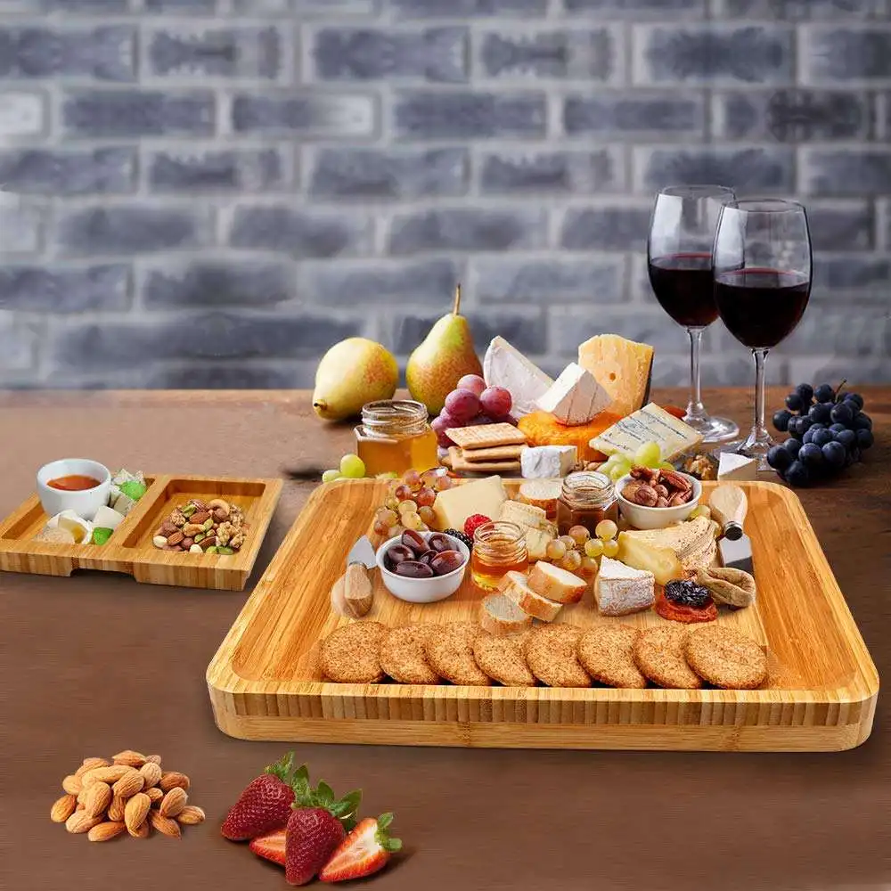 product kitchen charcuterie board serving tray bamboo cheese boards and knife set with 2 drawers-4
