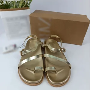 QuiteS Women's Fashion Flat Casual Sandals Gold Metal Tie Clip Toe with Thick Bottom and Fine Strap Light Weight and Anti-Slip