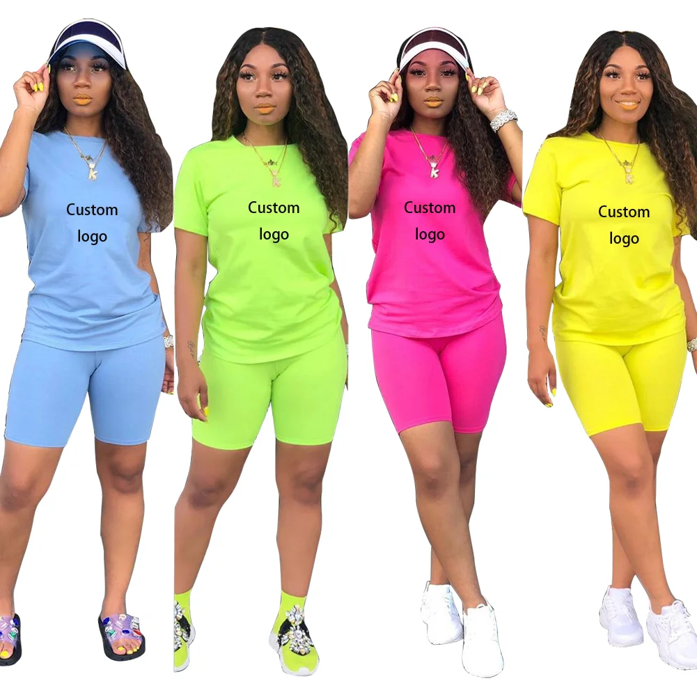 2021 New Drop Shipping LOGO Custom Logo Clothing Cotton Short 2 Piece Women Outfit Two Piece Pants Set Women Clothing