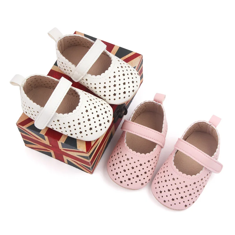 New Pu Leather Face Solid Color Hollow Circle Star Baby Soft Soled Princess Toddler Leather Shoes