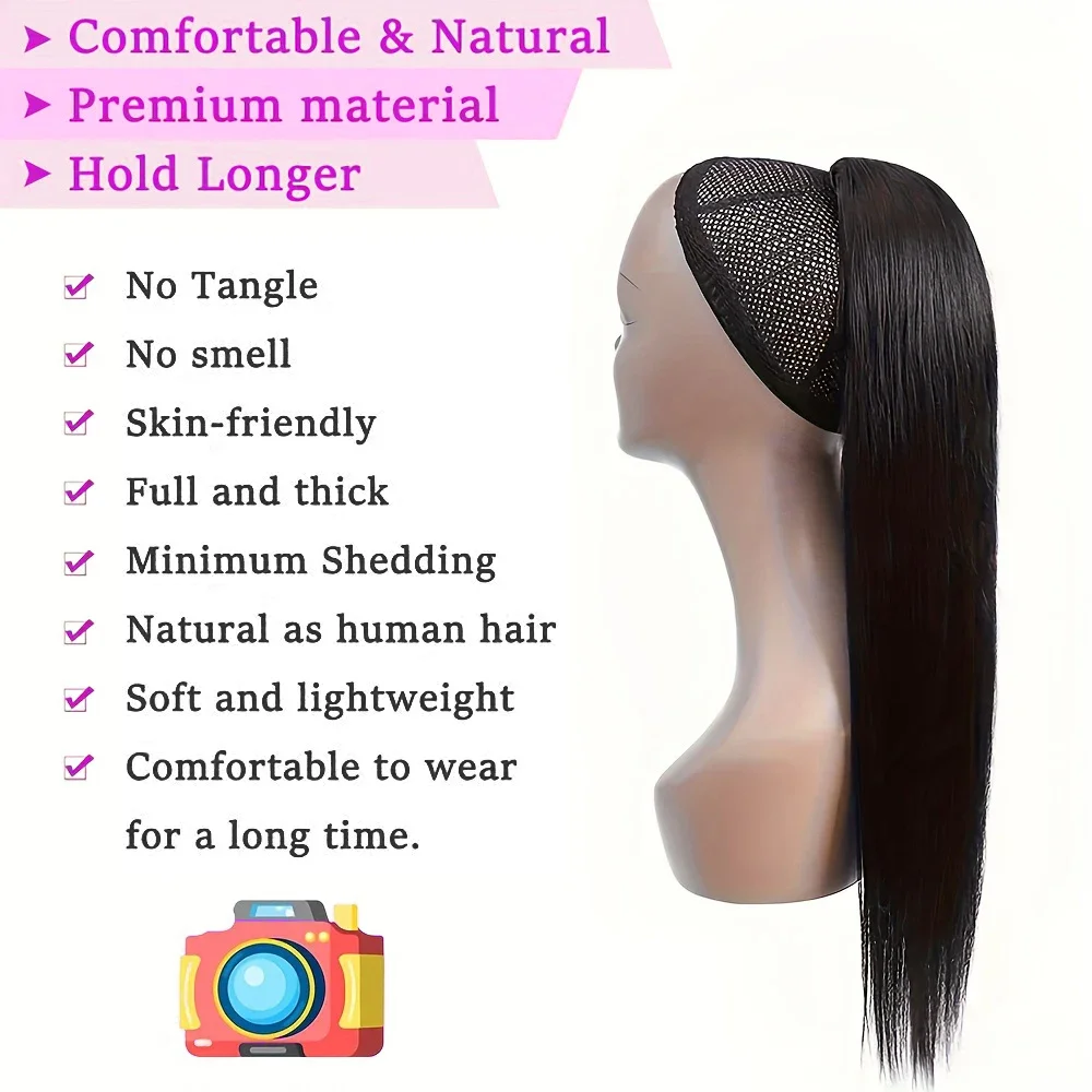 Long Straight Human Hair Ponytail Extension Wrap Around Drawstring_voghion.com