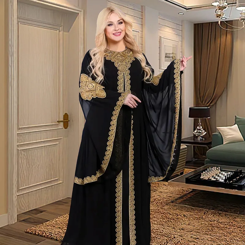 J-110 Muslim Tunic With Flared Sleeves Embroidered Gold Dress for Women Newest Abaya J-110 Muslim Tunic With Flared Sleeves Embroidered Gold Dress for Women Newest Abaya