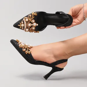Women's Rhinestone Pearl Stiletto Heel Rubber Outsole Summer  Fabric Embroidery Glitter Sexy Pointed Toe Wedding Sandals
