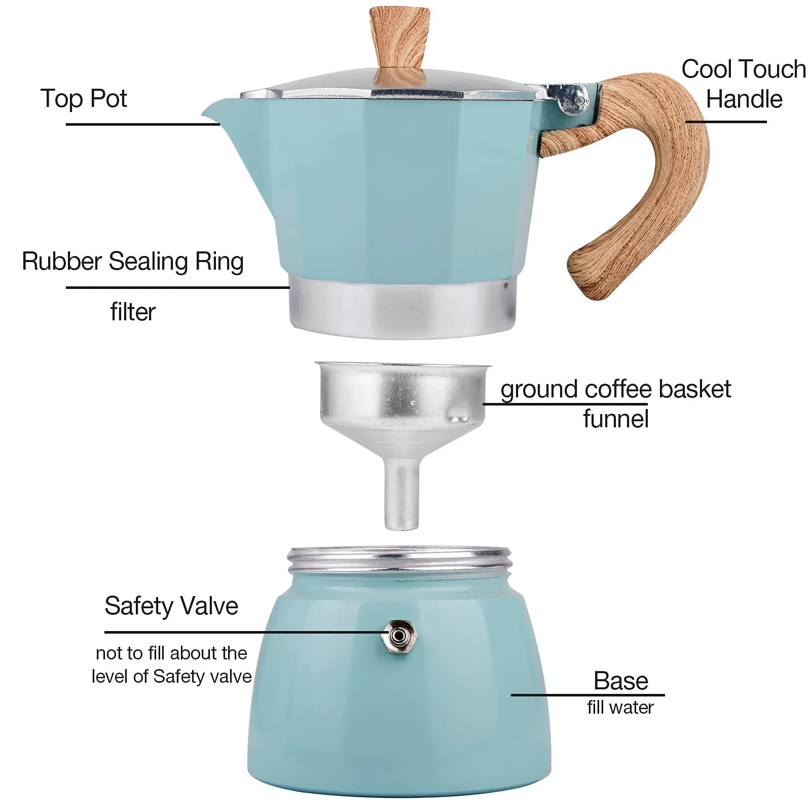 Westgreen Custom Portable Aluminum Stovetop Moka Pot Coffee Maker 3/6Cup 150ml300ml Small Espresso Cafetiere for Travel Camping