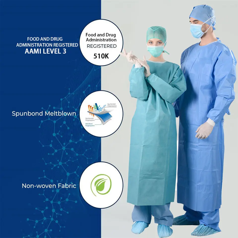 Hot Level 2 Level 3 SMMS Surgery Dental Surgical Disposable Sterile Surgical Gowns with Knit Cuff and Drapes