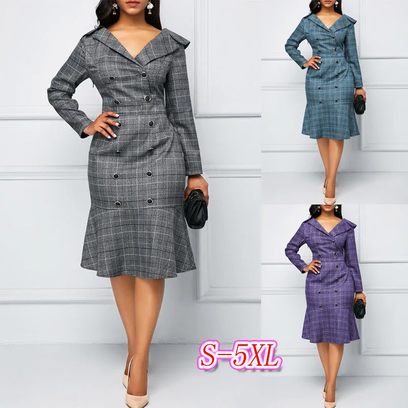 Fashion Women Long Sleeve Plaid Dress 