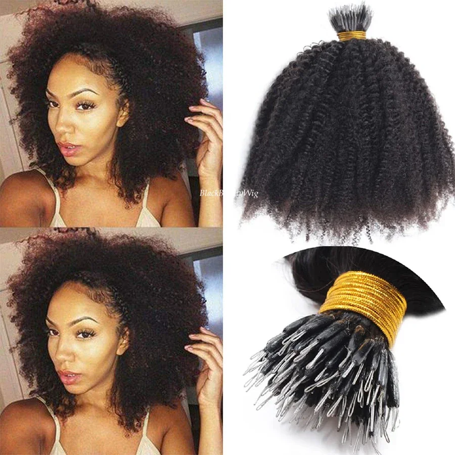 Extensii de păr uman Afro Kinky Curly Nano Ring, păr Remy mongol, Microlinks, nano-bile, inel, 100g_voghion.com