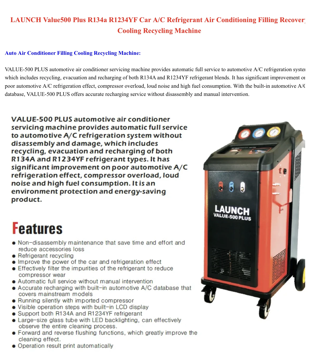 Launch R134 Ac Machine Launch Value-500 Plus R134a Refrigerant Recovery Unit Fully Automotive ...